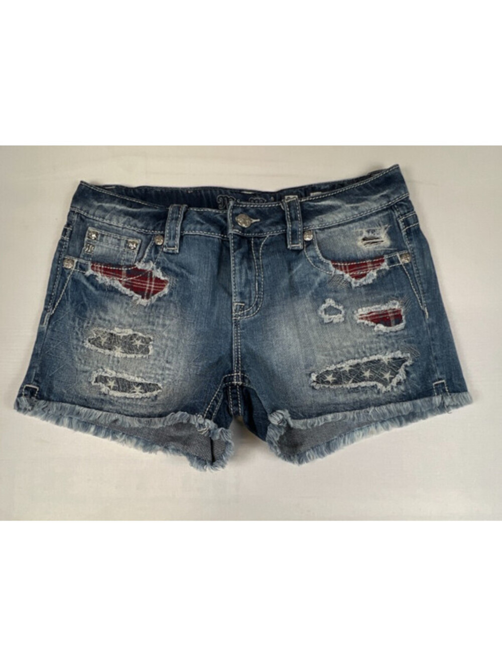 Miss Me Women’s Size 29 Distressed Denim Shorts Red Plaid Star Patch Raw Hem